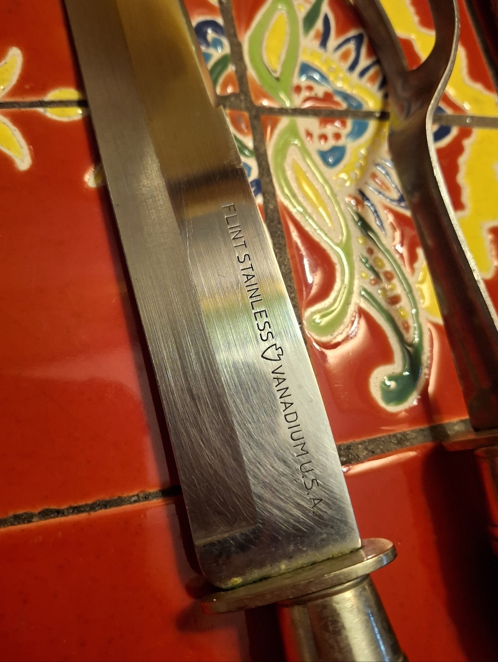 Vntg FLINT Stainless Vanadium USA Carving Set 14" Knife Fork Sharpening Steel - Picture 5 of 7
